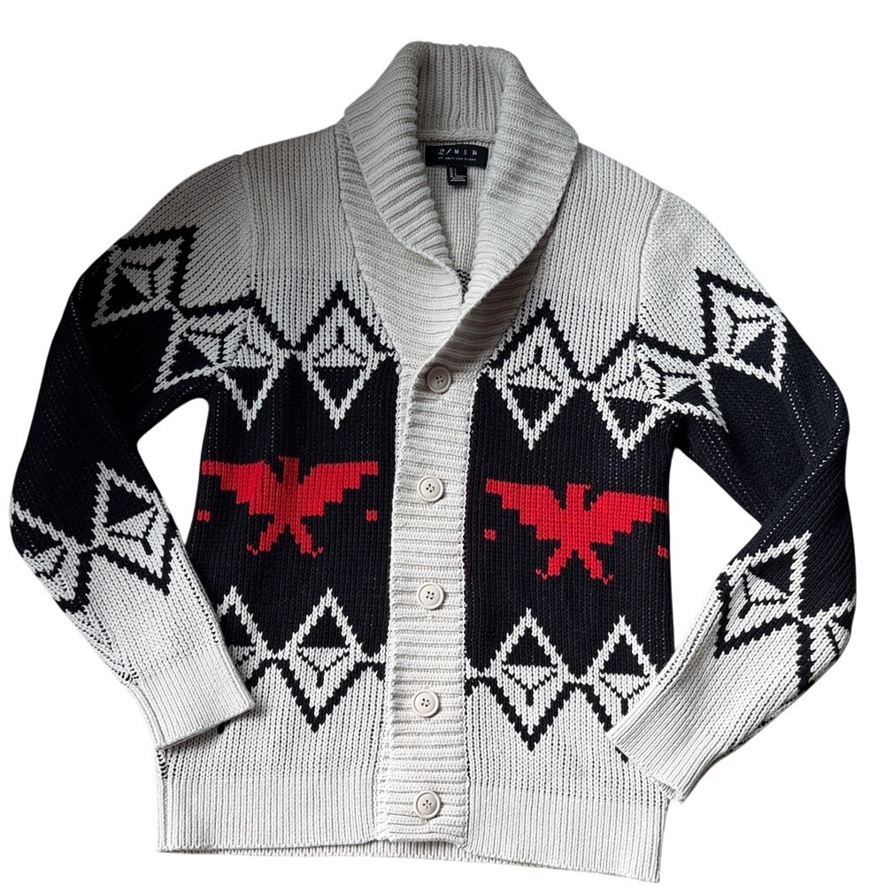 21 Men Shawl Collar Cardigan Sweater Geometric Eagle Southwestern Cream Black L